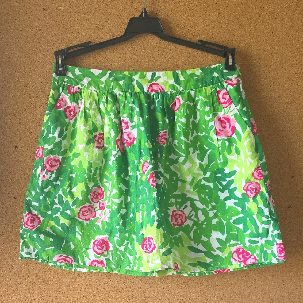 Lilly Pulitzer Cotton Green Floral Circle Skirt with Pink Roses Sz 4 Spring